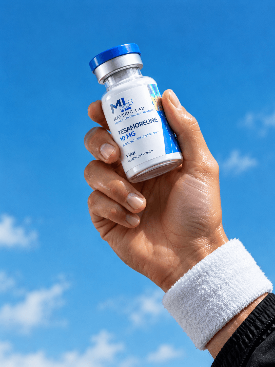 Hand holding a verified Maveric Lab Tesamoreline vial